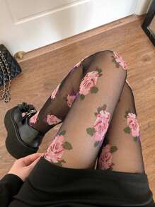 1雙春夏薄款 法式復古白色玫瑰花圖案連褲襪,防勾絲袜 - 黑色 - 查看 5