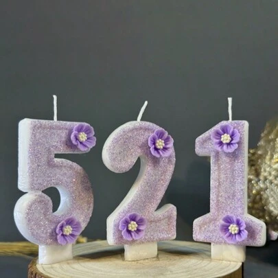 1pc Creative Number Birthday Candle Cake Decoration Candle With Purple/Pink Flower Design For Anniversary/Birthday Party,Christmas