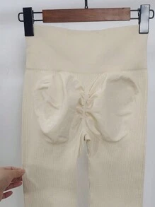 Seamless High Stretch Fitness Leggings For Women, Ribbed High Waist Butt Lifting Tight Yoga Running Pants Tights - Apricot - View 6