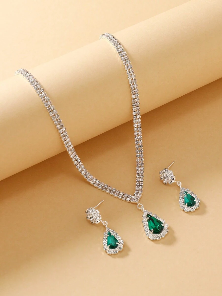 3pcs/Set Fashionable Full Rhinestone & Navy Blue Crystal Necklace And Earrings Set Suitable For Ladies' Wedding Or Evening Party - Multicolor - View 1