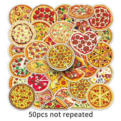 50pcs Cute Food Pizza Stickers, Cartoon Doodle Decorative Stickers Suitable For Laptop, Water Bottle, Luggage, Helmet, Skateboard, Stationery, Motorcycle, Etc.