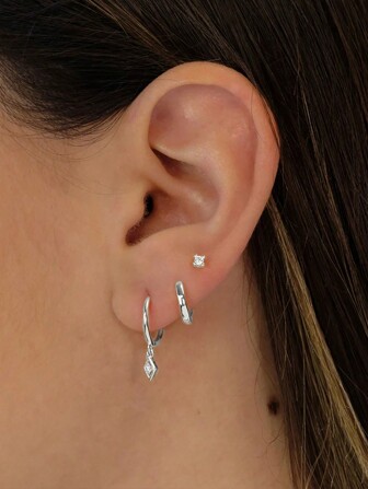 3入組流行的邪惡之眼立方氧化鋯925純銀耳環套裝女款夏季珠寶