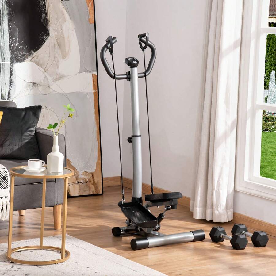 HOMCOM Stepper con Manillar Ajustable, Empuñaduras Antideslizantes y Bandas Elásticas, Fitness Stepper con Monitor LCD para Hogar y Gimnasio, Negro y Plateado - Plateado - Ver 1