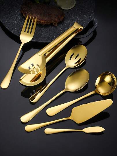 7件套不锈钢刀叉勺餐具套装，餐饮服务用具，蛋糕服务器刀，面包夹，适用于婚礼、圣诞节、万圣节、斋月、学校用品