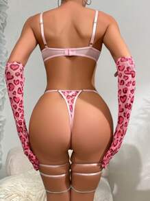 4 Pieces Pink Leopard Print Cross Push-Up Bra Lingerie Set With Long Gloves $ Thigh Rings Intimate See-Through Mesh Romantic Underwear Set - Pink - View 5