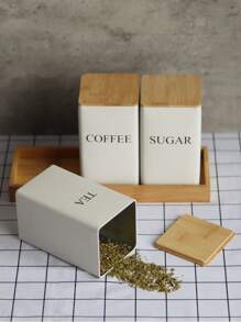 1pc Creative Bamboo Lid Iron Art White Tea Canister For Snack/Coffee/Candy Storage & Display, Simple Design