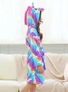 Tween Girls' Rainbow Starry Sky Unicorn Print Hooded Bathrobe - Multicolor - View 4