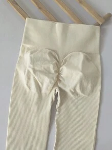 Seamless High Stretch Fitness Leggings For Women, Ribbed High Waist Butt Lifting Tight Yoga Running Pants Tights - Apricot - View 3