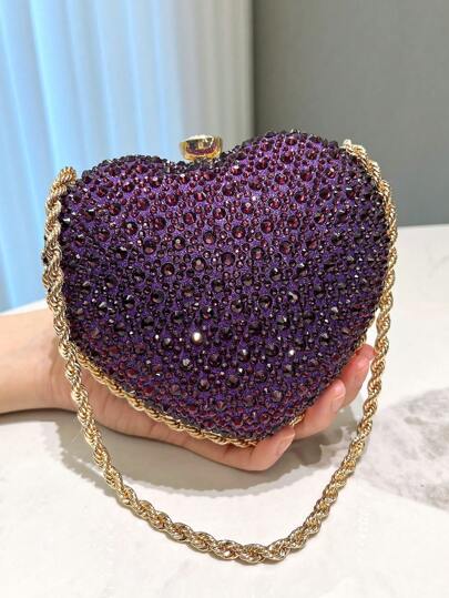 HCBCBY Clutch Bag For /LadiesPurple Heart Shaped, Rhinestone Inlaid, Fashionable & Elegant Handbag With Metal Chain Strap,Tready Bride Bag, Perfect For Party, Wedding, Prom, Dinner/Banquet, Matching With Wedding Dress,Formal Dresses, Prom Dress, Birthday Dress, Women Dress Party Valentines, Fashionable Heart Purse, Perfectly Match With Valentine's Day Dress