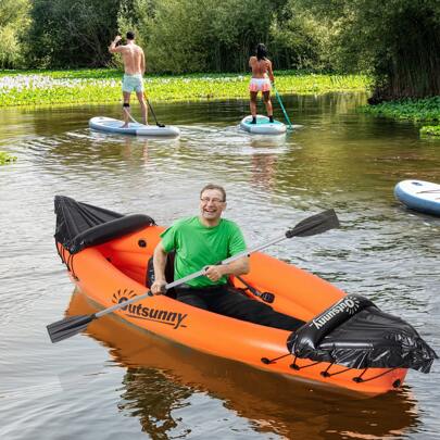 Outsunny Canoa Gonfiabile 1 Posto, Kayak con Remo in Alluminio, Pompa Gonfiaggio e Kit Riparazione, Arancione