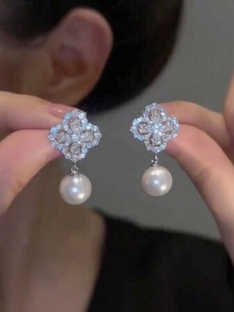 2pcs/Pair 2024 New Clover Cubic Zirconia Faux Pearl Earrings, Fashionable And Elegant Ear Jewelry Valentines,Mom,Mother,Mother's Day,Gift