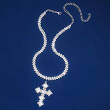 1pc Luxury Filled With Cubic Ia Cross Pendant Necklace - Silver - View 3