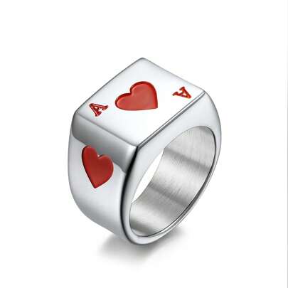 Stainless Steel Lucky Poker Cards Design Ring For Men, Ace Of Hearts And Ace Of Spades
