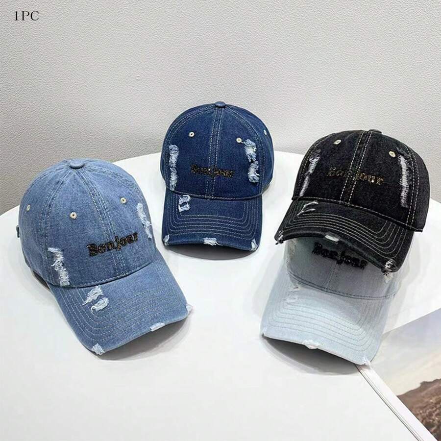 1pc Unisex Solid Color Bonjour Letter Embroidered Fashionable Sun Visor Baseball Cap, Suitable For Daily, Outdoor, Street, Travel Use