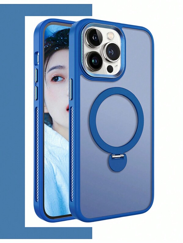 Blue Full Edge Coverage Design 360 Rotation Metal Invisible Stand Phone Case With Wireless Charging Function Compatibility With Iphone 15 Pro Max, 15 Pro, 14 Pro, 13, And 12 Models (With Matte Skin, Heat Dissipating Mesh, And Protective Cover)