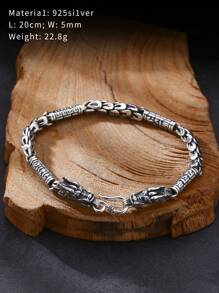 1入組男女適用925純銀雙龍頭,竹紋,梵文手鍊,適合日常佩戴 - 復古銀色 - 查看 2
