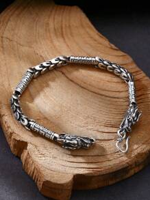 1入組男女適用925純銀雙龍頭,竹紋,梵文手鍊,適合日常佩戴 - 復古銀色 - 查看 5