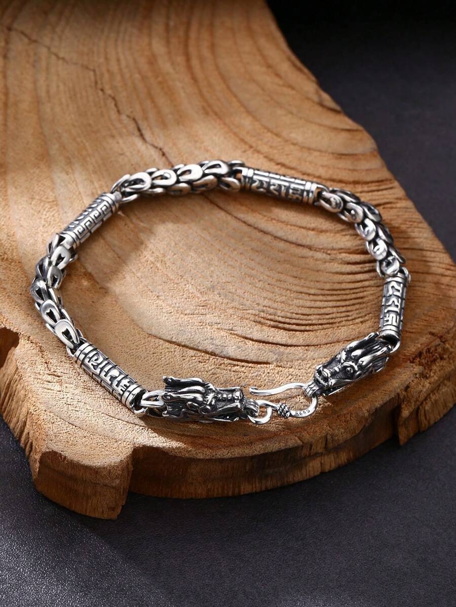 1入組男女適用925純銀雙龍頭,竹紋,梵文手鍊,適合日常佩戴 - 復古銀色 - 查看 1
