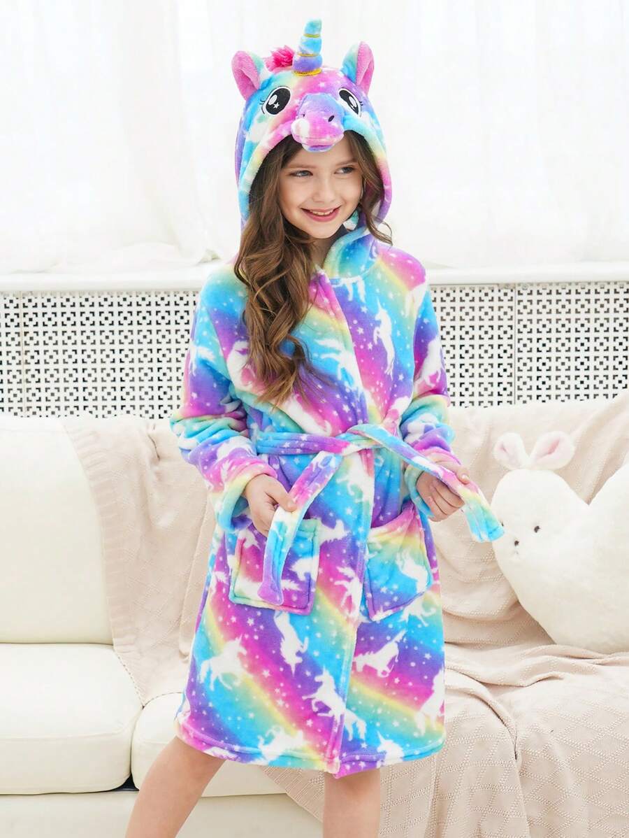 Tween Girls' Rainbow Starry Sky Unicorn Print Hooded Bathrobe - Multicolor - View 1