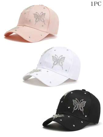 1pc Women's Solid Metallic Sparkle Rhinestone Butterfly Decoration Fashion Sun Visor Cap, Suitable For Party, Travel, Daily Outfit