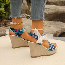 Women's Style Round Toe Wedge Sandals With Ribbon High Heel And Ankle Strap - Baby Blue - View 4