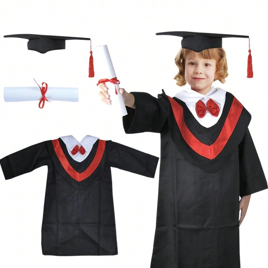 Niños Graduación Gorro Y Toga, Traje De Graduado Con Borla Y Certificado Para Preescolar Y Kindergarten, Vestirse Para La Edad De 3 4 5 6 7 Años - Negro - Ver 1