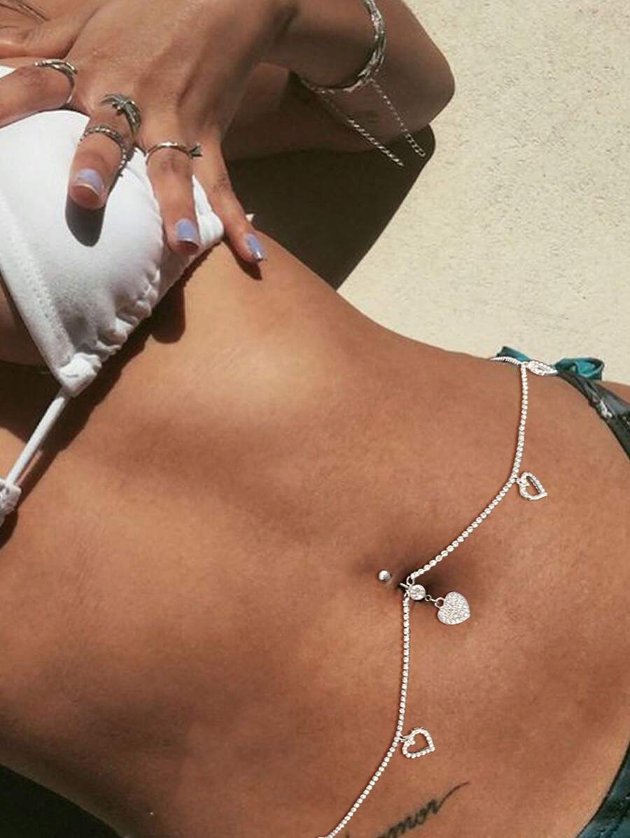 1 件银色性感肚脐环，带镂空心形和水钻装饰，肚脐环链，情人节、妈妈、母亲、母亲节、礼物 - 銀色 - 查看 1