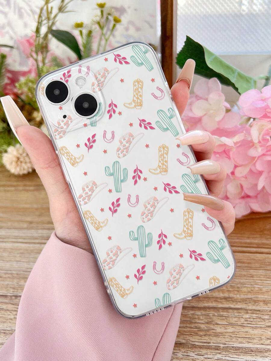 1pc Western Style Painted Cactus Print Phone Case Compatible With IPhone/ Compatible With Samsung,International Version, Not The Domestic Version - Multicolor - View 1