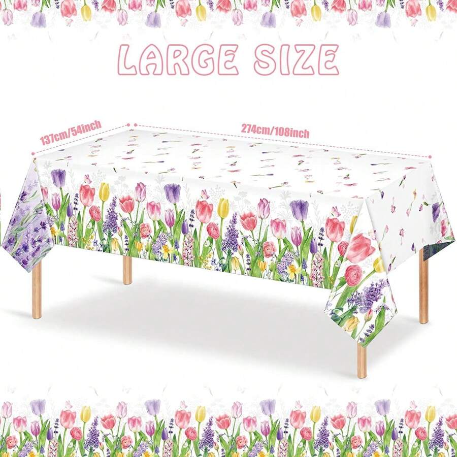 4-Pack 54 X 108 Inch Spring Tulip Plastic Tablecloth, Blooming Floral Disposable Table Cloth, Watercolor Seasonal Holiday Table Cover For Easter Picnic Spring Summer Party Decorations - Multicolor - View 1