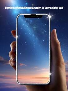 2pcs/Set Diamond Frame Tempered Glass Screen Protector, Four-Sided Shiny Silver Border, Prevent Spy & Peeping, Compatible With Apple Devices - Silver - View 3