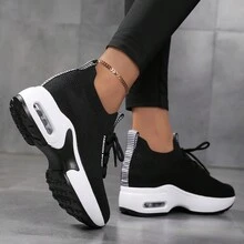 Women's Platform Wedge Sneakers, High Heeled & Mesh Design, Spring/Autumn Travel Shoes - Black and White - View 3