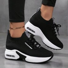 Women's Platform Wedge Sneakers, High Heeled & Mesh Design, Spring/Autumn Travel Shoes - Black and White - View 2