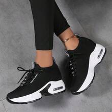 Women's Platform Wedge Sneakers, High Heeled & Mesh Design, Spring/Autumn Travel Shoes - Black and White - View 5