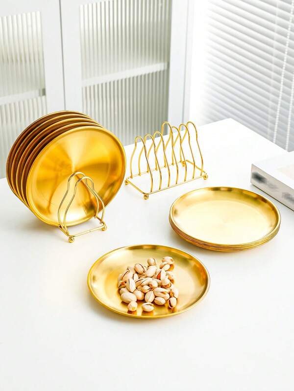 4pcs/6pcs/6pcs Set Stainless Steel Korean Barbecue Plate With Gold Ridge Rack, Fruit Cake Dishes, Commercial Banquet Plate,Kitchen,Christmas Gift