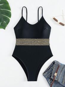One-Piece Black Swimsuit With Gold Weave Detail For Summer Beach - Black - View 7