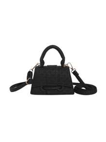 1入女孩迷你純色pu材質扣蓋磁力鎖單手柄肩帶可調節時尚多用手提包,適合日常使用,秋冬季節 - 黑色 - 查看 3