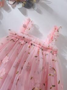 Vestido de tirantes de malla con bordado floral 3D elegante para niñas, adecuado para bodas, cumpleaños, vacaciones, fiestas, graduaciones, verano