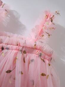 Vestido de tirantes de malla con bordado floral 3D elegante para niñas, adecuado para bodas, cumpleaños, vacaciones, fiestas, graduaciones, verano