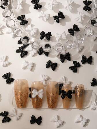 1 Pack Y2K White Black Resin Bow 3D Fingertip Decoration Diy Kawaii Matte 2 Color Mix Big Bow Flat Bottom Cute Women'S Casual Art Nail Art Accessories Japanese And Korean Style Nail Charms Nail Gems Nail Supplies Nails