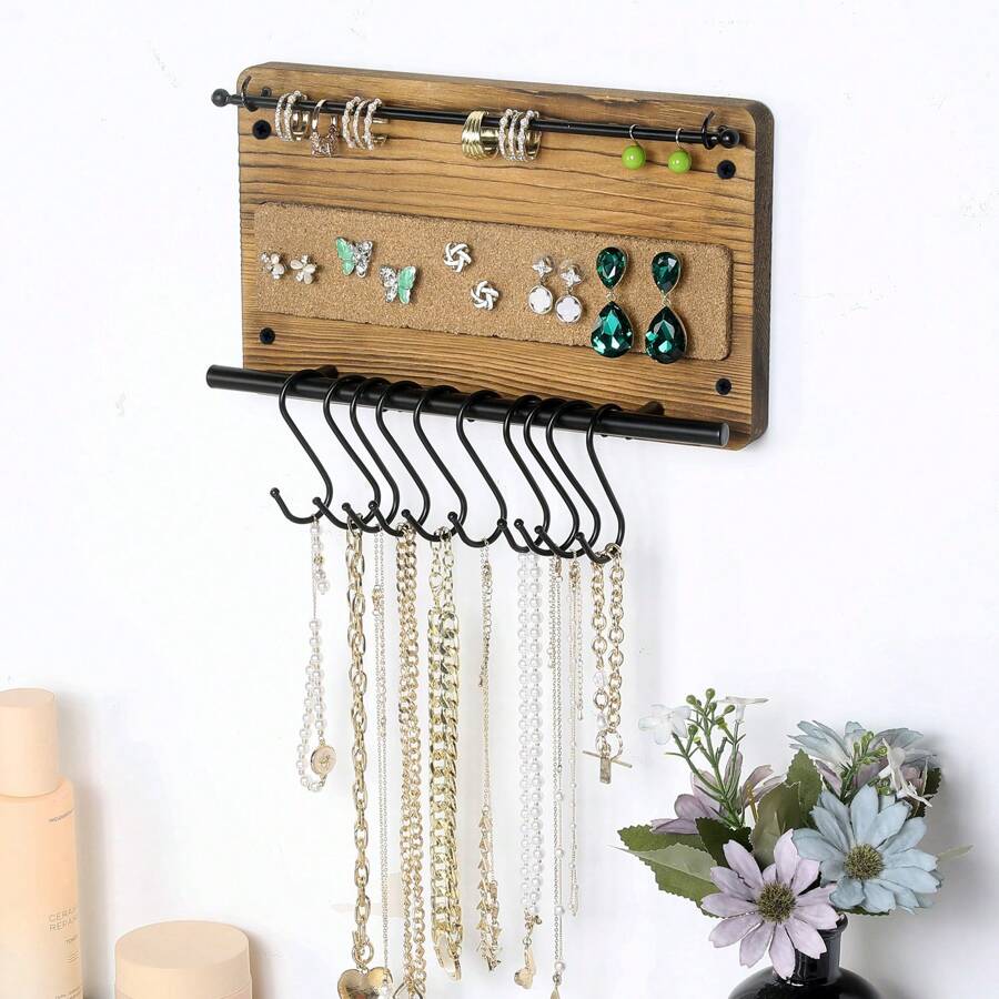MyGift Wall Jewelry Organizer Hanger, Small 10 Hooks Wood And Black Metal Holder For Hanging Necklace, Earring, Bracelet