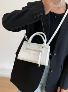 1 Cartera Para Teléfono De Material Pu Sólido Con Cierre De Cremallera, Bandolera/minibolso Cuadrado De Mano Elegante Y Moderno Para Uso Diario De Las Mujeres - Blanco - Ver 2
