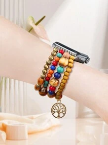 1PC Multicolor Wooden Elastic Beads Lucky Tree Apple Watch Band – Vibrant Multi-Color Options For Versatile Styling; Unique Bracelet Design With Skin-Friendly Comfort, Secure Fit & Easy Wear; Breathable, Durable & Fade-Resistant Construction; Professionally Compatible With Latest Apple Watch Ultra 2/1, SE 9/8/7/6/5/4/3/2/1 (38/40/41/42/44/45/49mm; 42/46mm For Series 10).