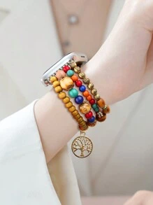 1PC Multicolor Wooden Elastic Beads Lucky Tree Apple Watch Band – Vibrant Multi-Color Options For Versatile Styling; Unique Bracelet Design With Skin-Friendly Comfort, Secure Fit & Easy Wear; Breathable, Durable & Fade-Resistant Construction; Professionally Compatible With Latest Apple Watch Ultra 2/1, SE 9/8/7/6/5/4/3/2/1 (38/40/41/42/44/45/49mm; 42/46mm For Series 10).