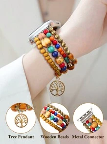 1PC Multicolor Wooden Elastic Beads Lucky Tree Apple Watch Band – Vibrant Multi-Color Options For Versatile Styling; Unique Bracelet Design With Skin-Friendly Comfort, Secure Fit & Easy Wear; Breathable, Durable & Fade-Resistant Construction; Professionally Compatible With Latest Apple Watch Ultra 2/1, SE 9/8/7/6/5/4/3/2/1 (38/40/41/42/44/45/49mm; 42/46mm For Series 10).