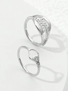 2 Chiếc Inox Thời Trang Trái Tim Đính Kim Cương Bộ Nhẫn Nữ Dành Cho Nữ Hàng Ngày Phù Hợp Sử Dụng Ngày Lễ Trang Sức - Nhẫn kim cương tình yêu - Xem 8