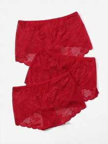 大尺寸3入組純色蕾絲無縫內褲 - 紅色 - 查看 2