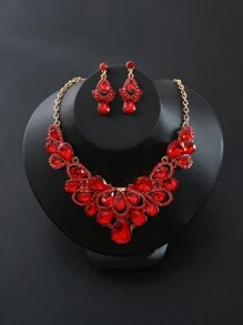 3pcs Earrings Plus Necklace Elegant Jewelry Set Inlaid Rhinestone Champagne Color Dainty Evening Party Decor Gift For Her