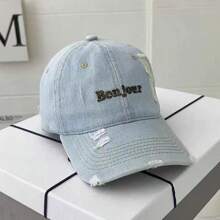 1pc Unisex Solid Color Bonjour Letter Embroidered Fashionable Sun Visor Baseball Cap, Suitable For Daily, Outdoor, Street, Travel Use