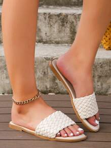 女士休閒編織圓頭時尚平底居家和戶外涼鞋拖鞋