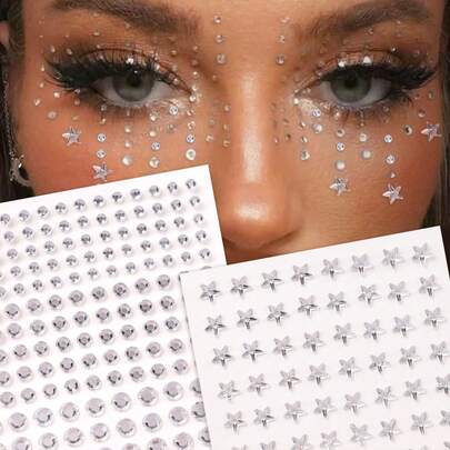STARTTOOS 2 Miếng 3D Màu bạc Trắng Năm cánh Ngôi sao Pha lê Mắt & Mặt Hình dán , DIY Trang điểm Phụ kiện Đối với Liên hoan âm nhạc , Y2K Buổi tiệc